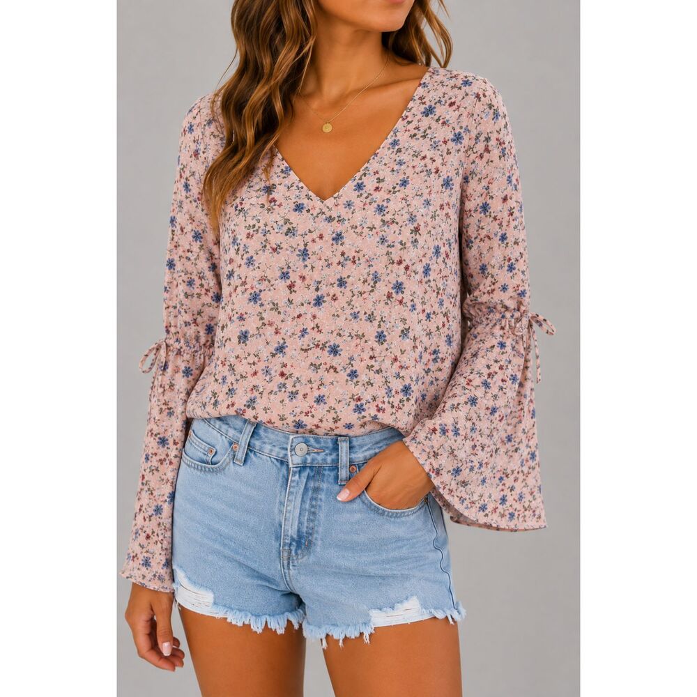 Hollister Women’s M Pink Floral Blouse Bell Sleeve Strappy Back Boho Top